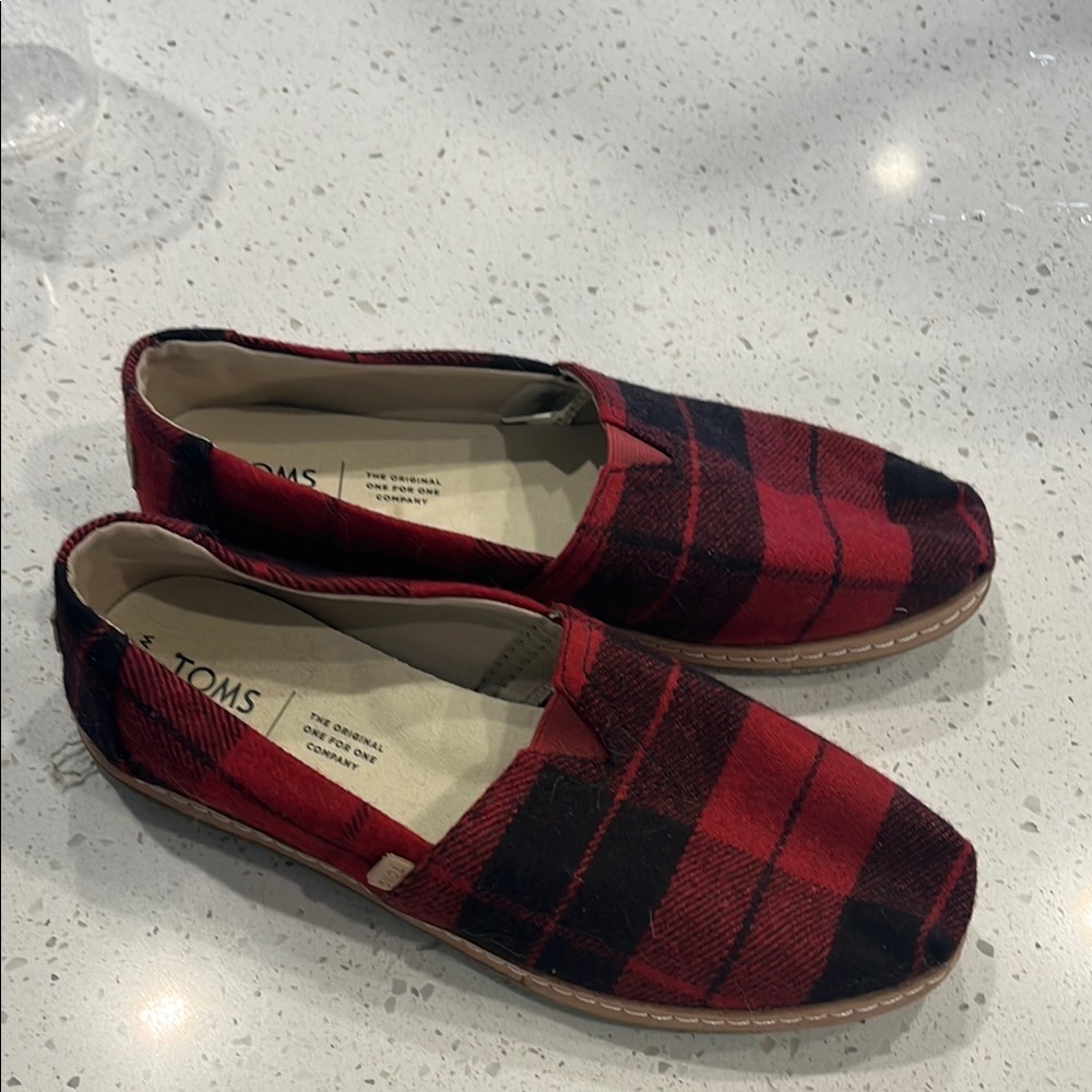 TOMS Red and Black Plaid Slip-On Shoes